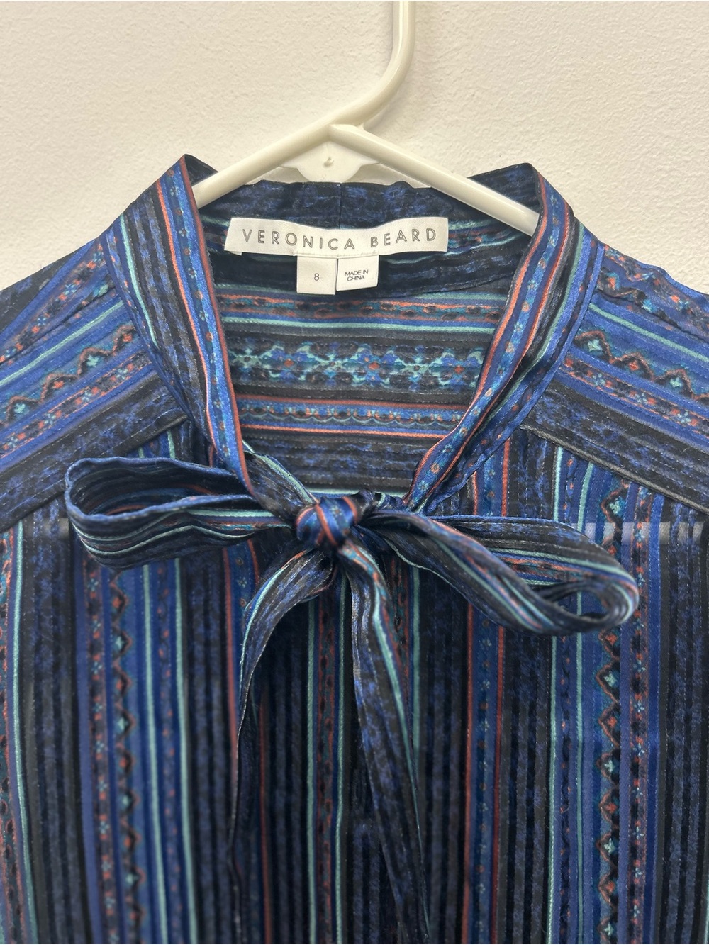 Veronica Beard Navy and Blue Striped Tie-Neck Shirt NWOT